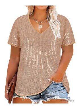 Plus Size Sequin Top V Neck Short Sleeve Party Blouse Sparkly Glitter Shirt